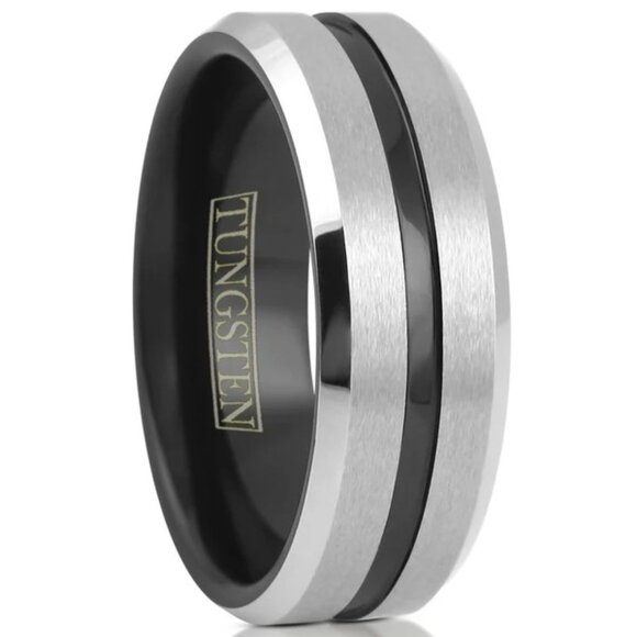 POWERFUL TWO-TONE SILVER BRUSHED FINISH TUNGSTEN RING W/ BLACK RECESSED STRIPE - Picture 1 of 3